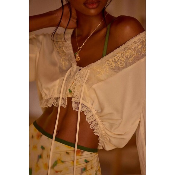 Anthropologie LyreBird Satin Buttondown Blouse Top Floral Lace Coverup L 281500 - Picture 3 of 9